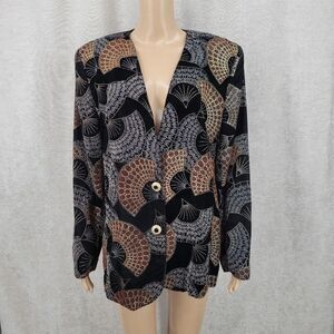 City Girl Vintage Black Velvet Fan Pattern Blazer Metallic Gold